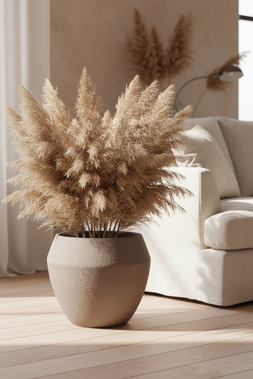 Manaus Vase Sandstone op houten vloer met pampas gras