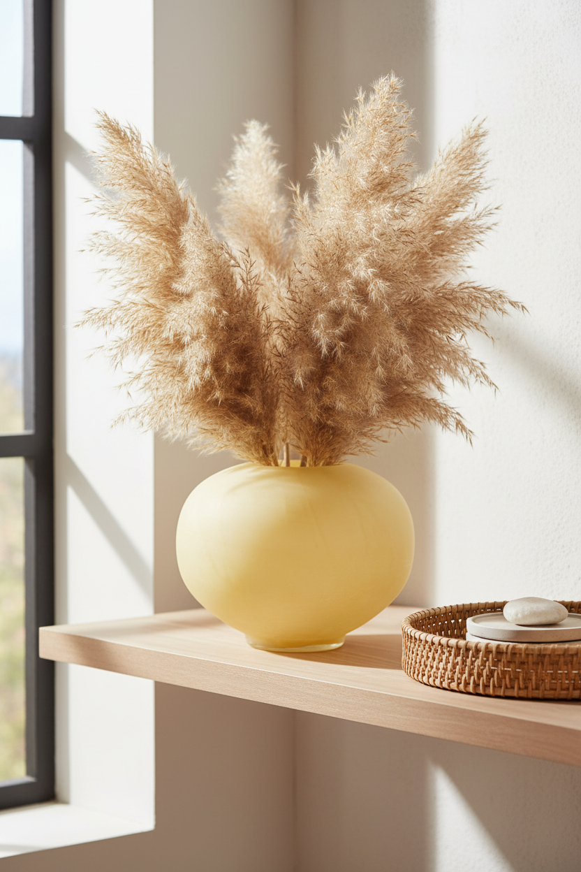 Luzia Vase gestyled op houten plank met pampas gras en rotan dienblad