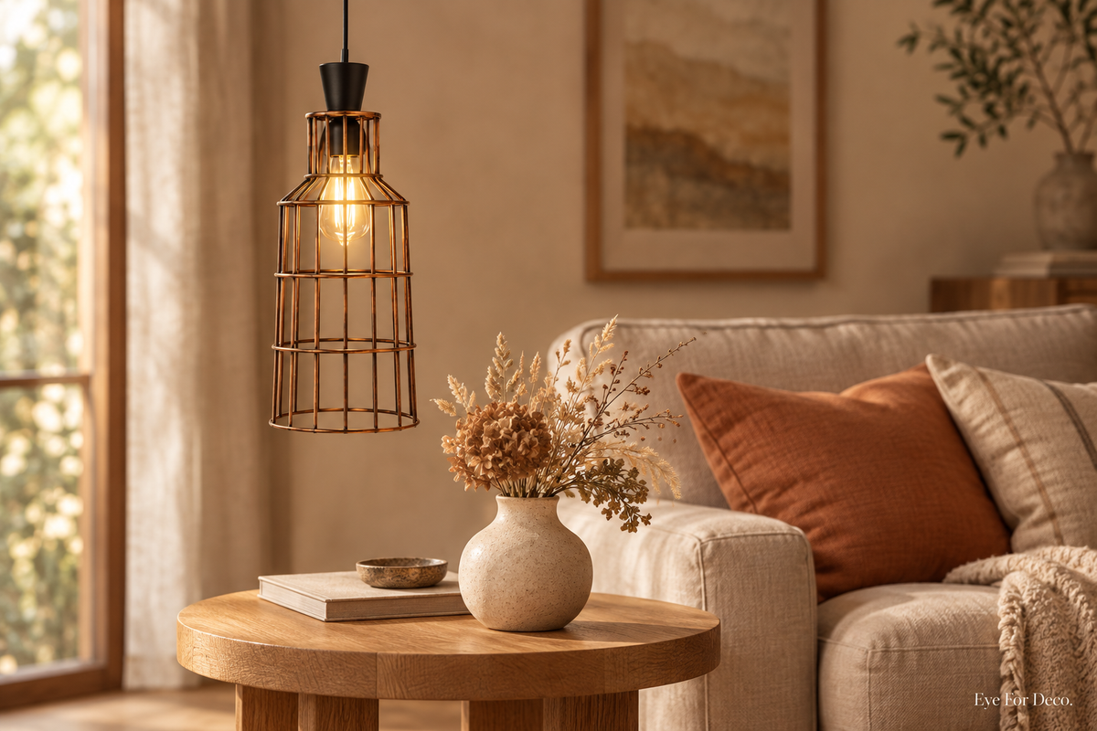 Sfeerfoto van de kooi-hanglamp in antique brons