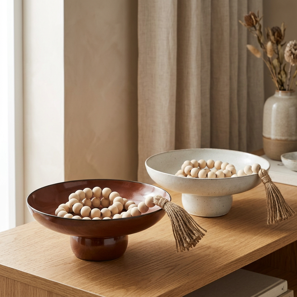Sfeerfoto van de Osasco bowls met naturel houten kralenslingers