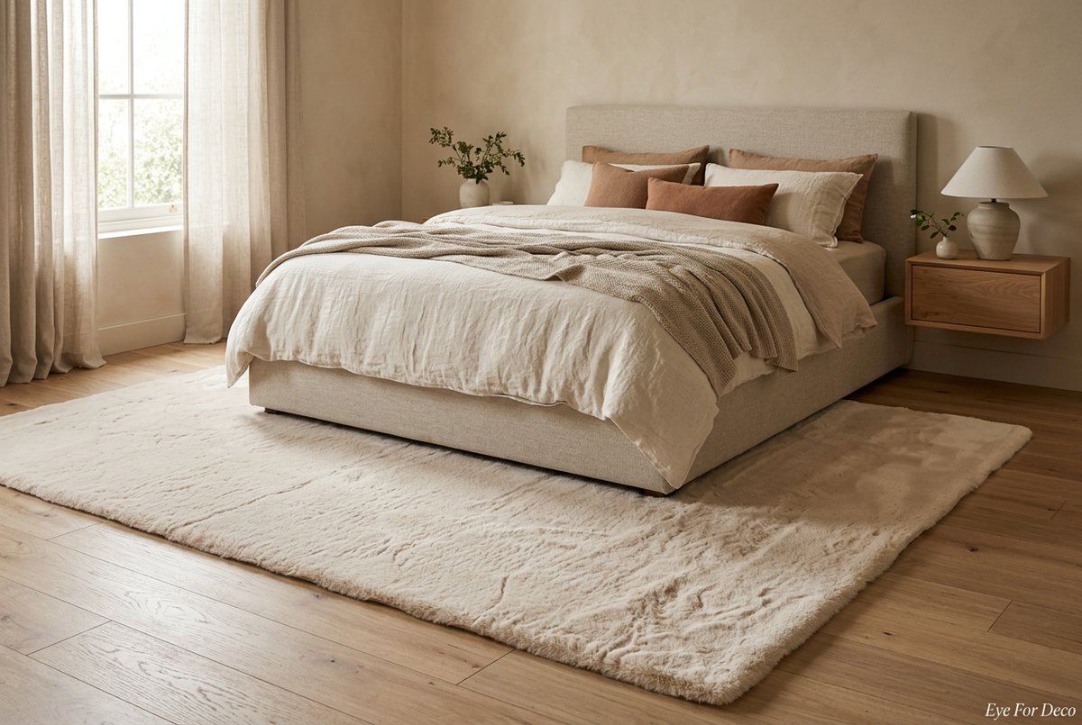 Vloerkleed Galaxy 10 in een warme slaapkamer met natuurlijke materialen en Eye For Deco in beeld