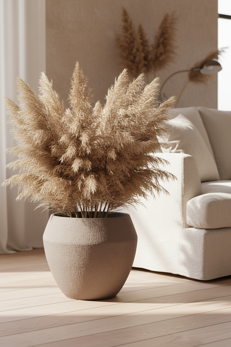 Manaus Vase Sandstone op houten vloer met pampas gras