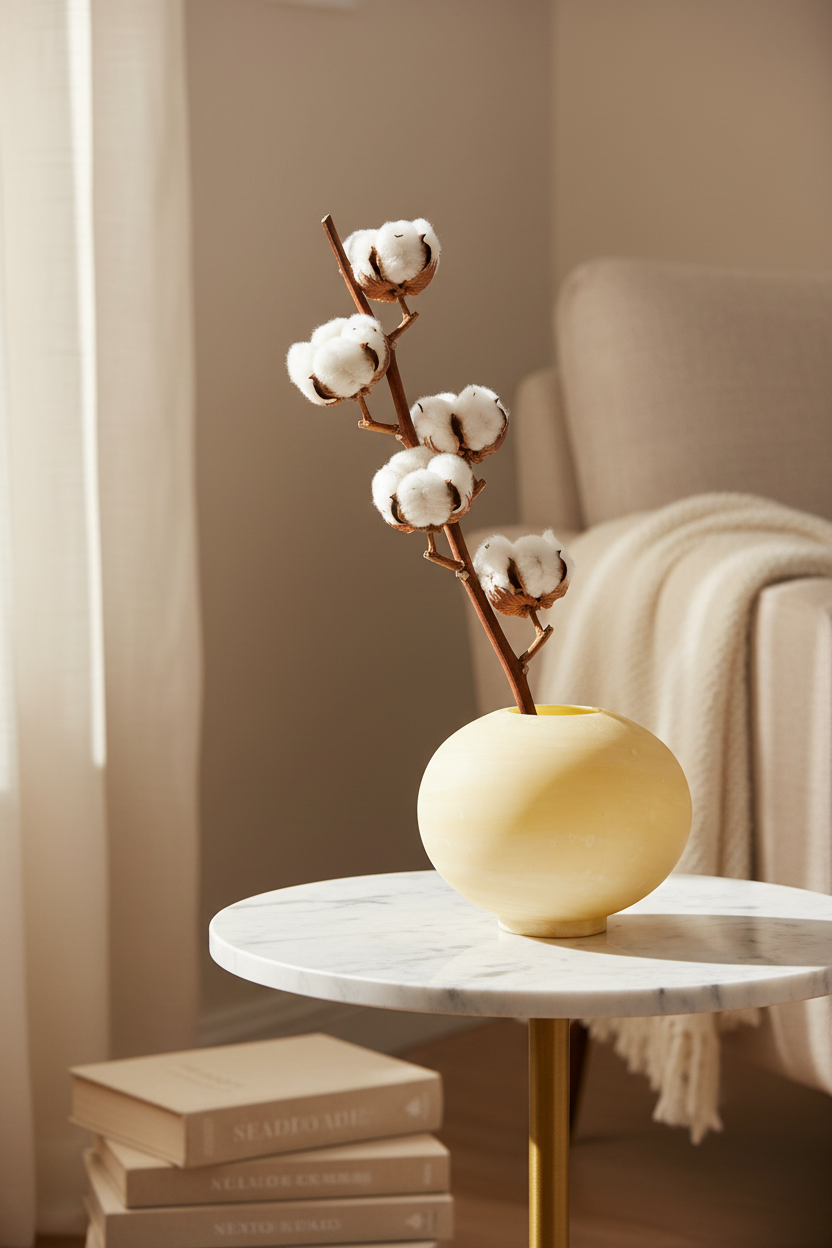 Luzia Vase gestyled op marmeren bijzettafel met gedroogde katoensteel