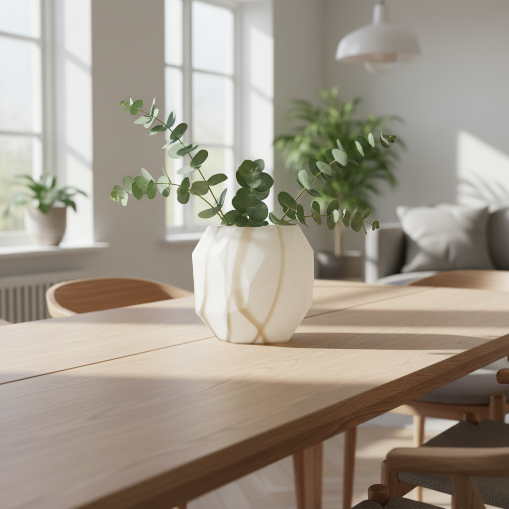 Lifestyle Okley Vase op eettafel met eucalyptus takken