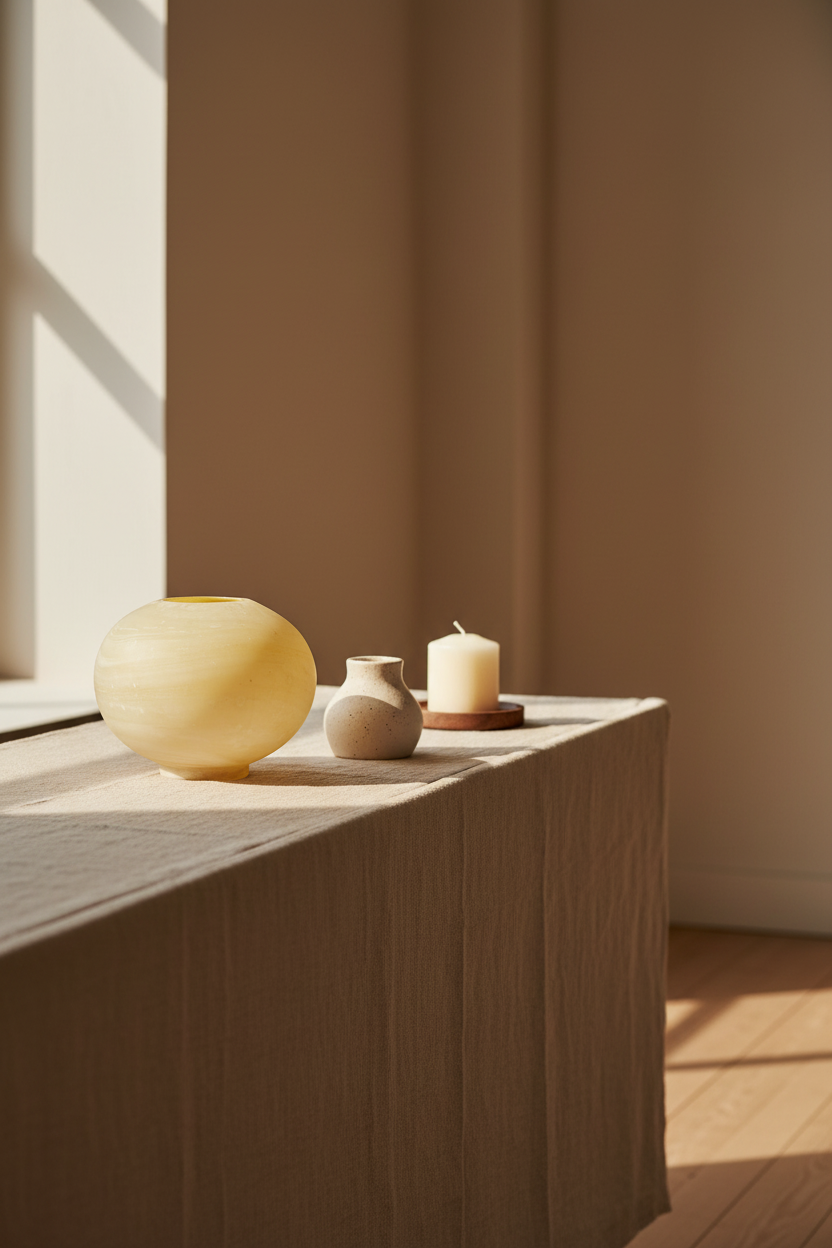 Luzia Vase gestyled op linnen dressoir met keramisch object en kaars