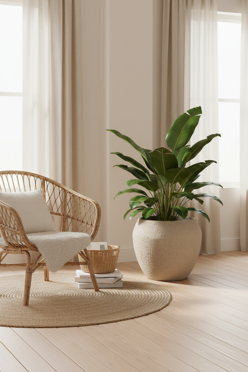 Manaus Vase Cream als bloempot met tropische plant