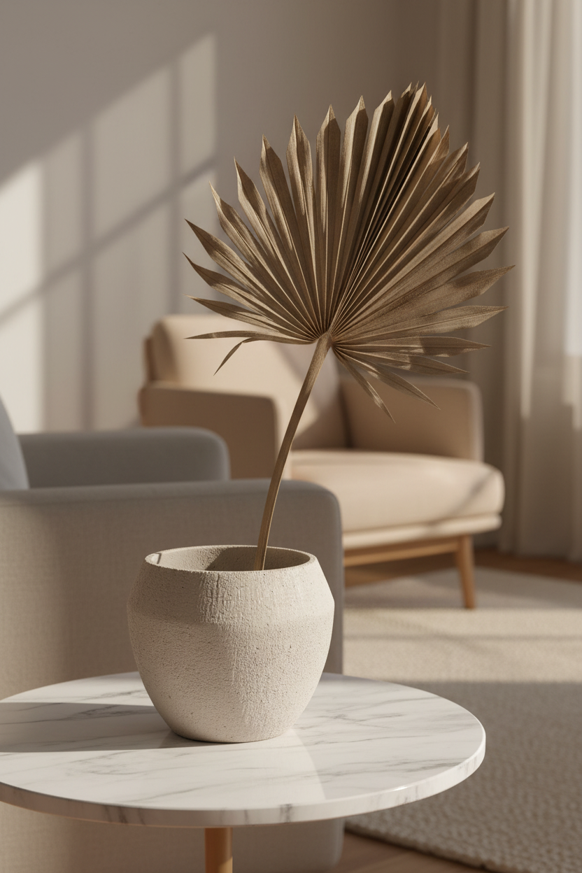 Manaus Vase Cream op marmeren bijzettafel met gedroogd palmblad