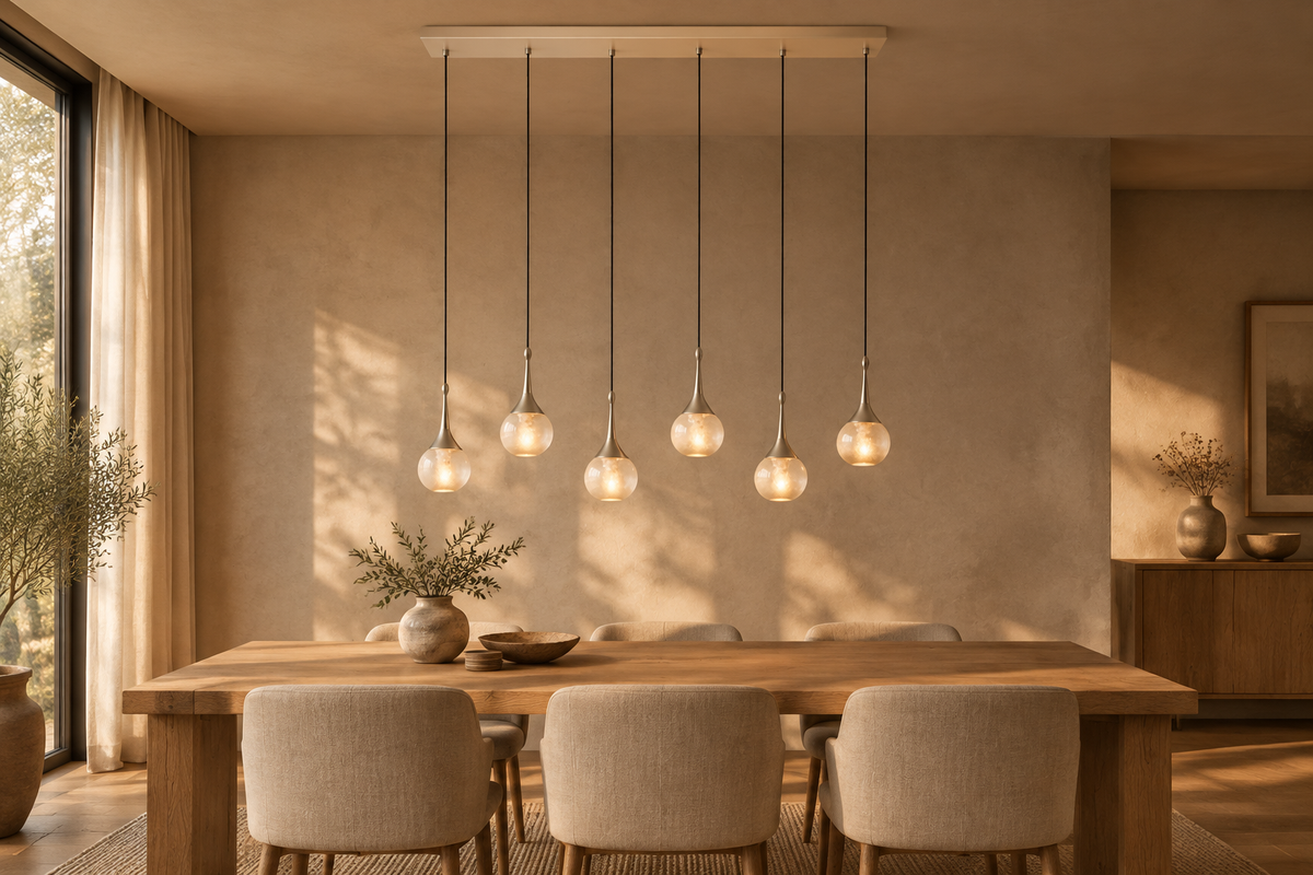 Sfeerfoto van de Light Trend TK-6 hanglamp boven een eettafel