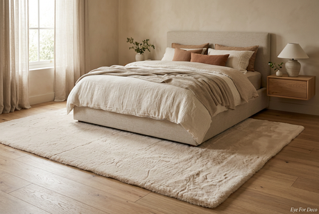 Vloerkleed Galaxy 10 in een warme slaapkamer met natuurlijke materialen en Eye For Deco in beeld